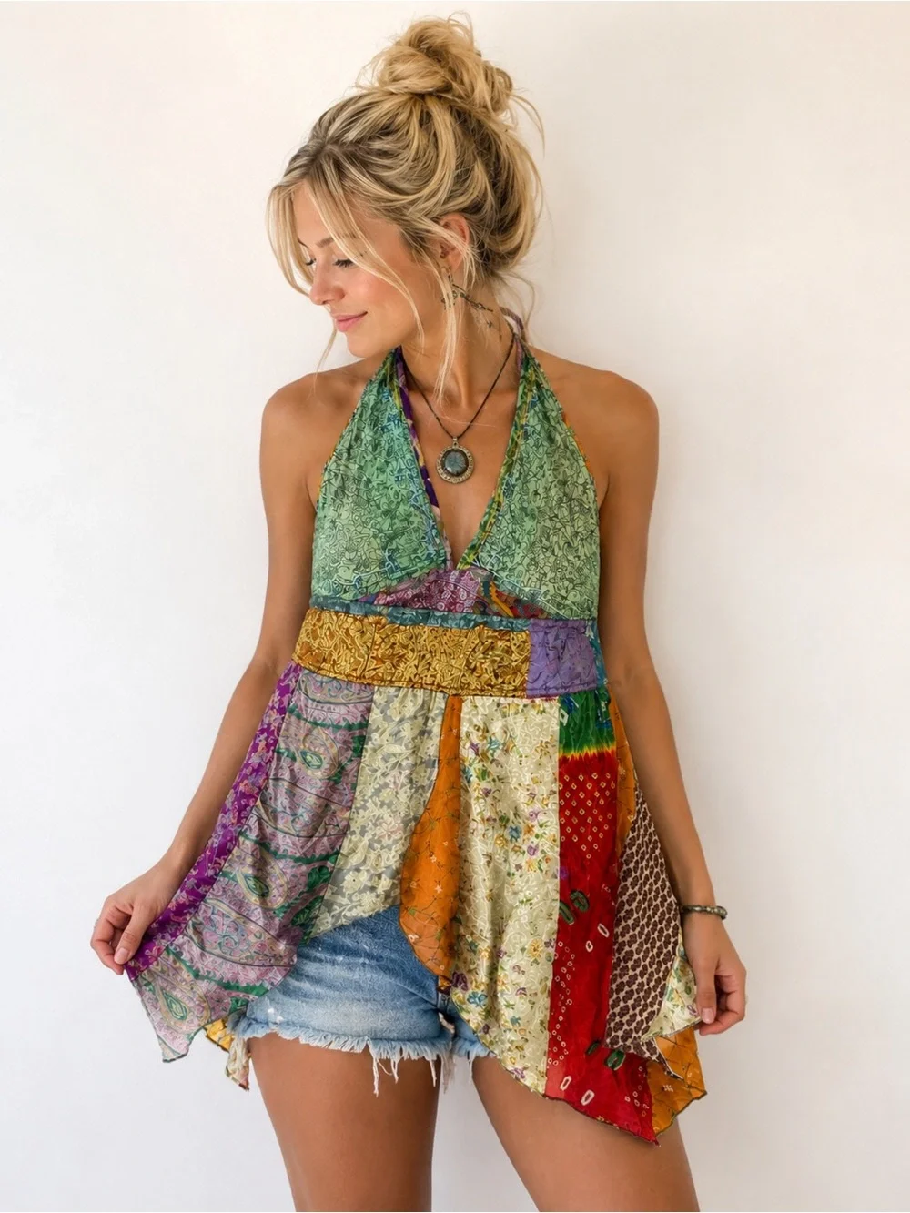 Silk Boho Patchwork Halter Tank Top in Multicolor Coastal Cowgirl Festival